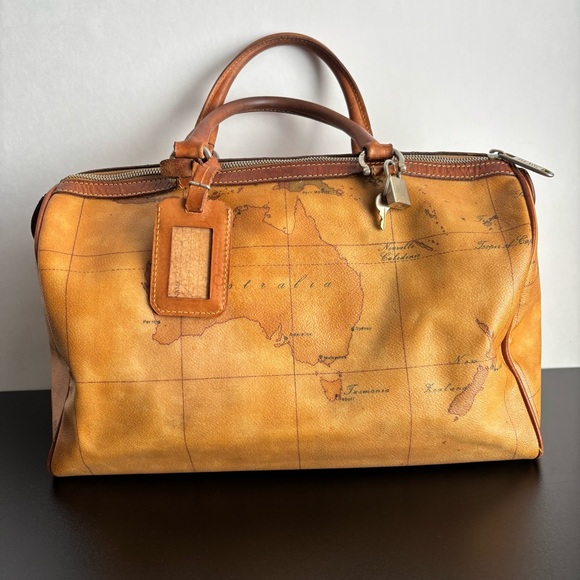 Alviero Martini Brown Handbag Map Leather Boston Speedy Bag Satchel Milan Tote - Picture 1 of 15